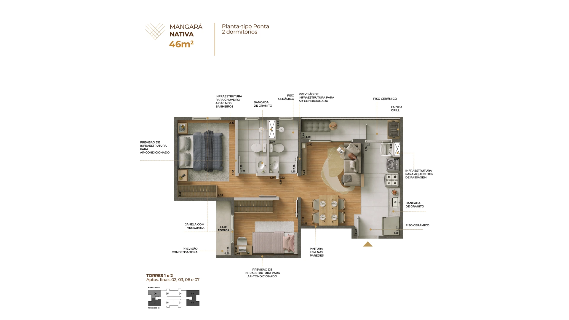 Planta Tipo Ponta — 46m² — Alta Vista Mangará